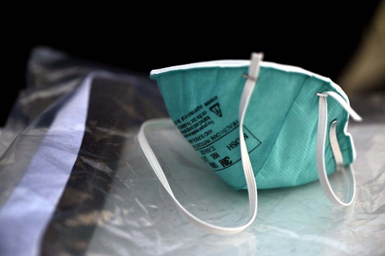 An N95 mask at Saint Francis Hospital and Medical Center drive-through mobile center on March 18.